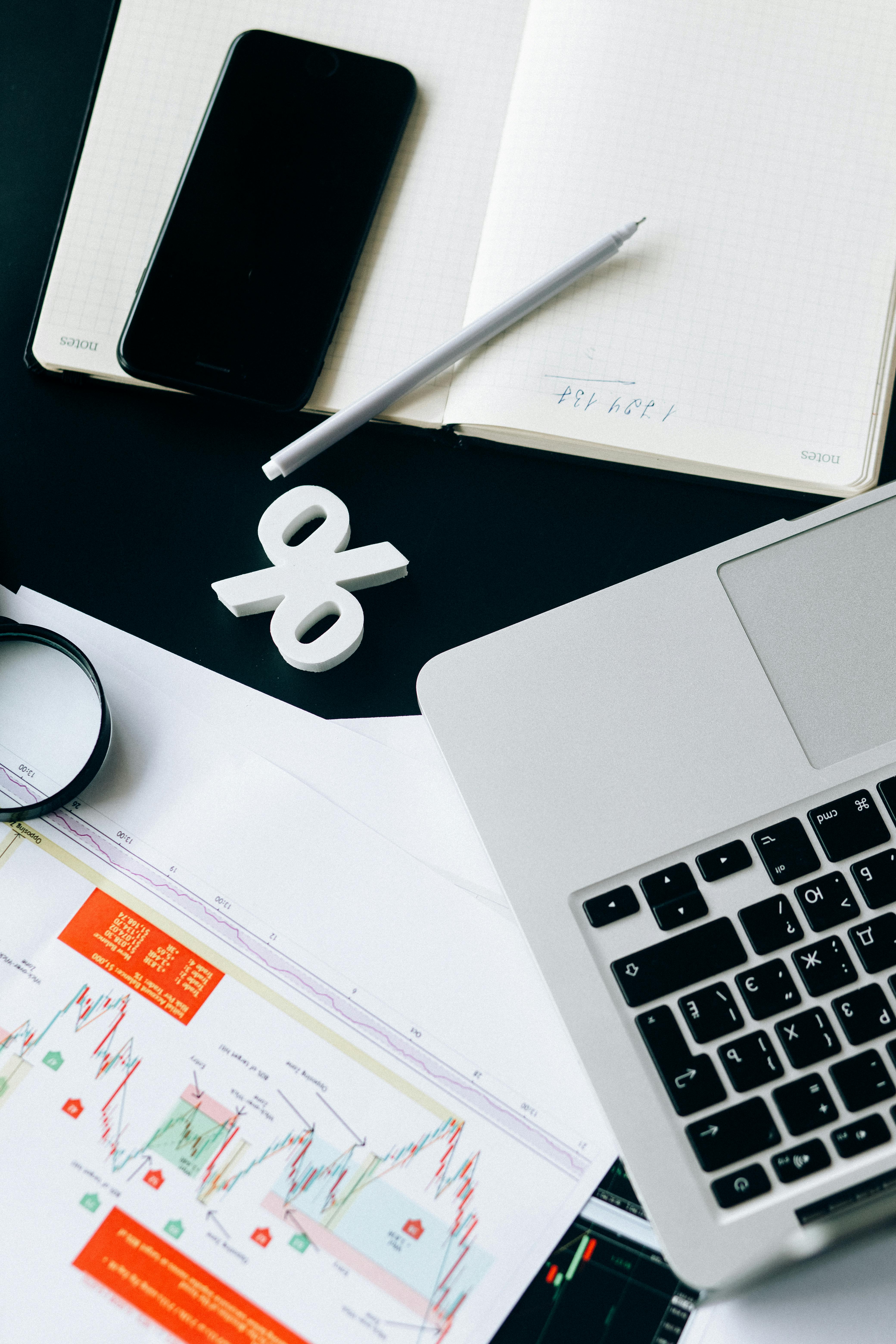 Financial analysis workspace with charts laptop