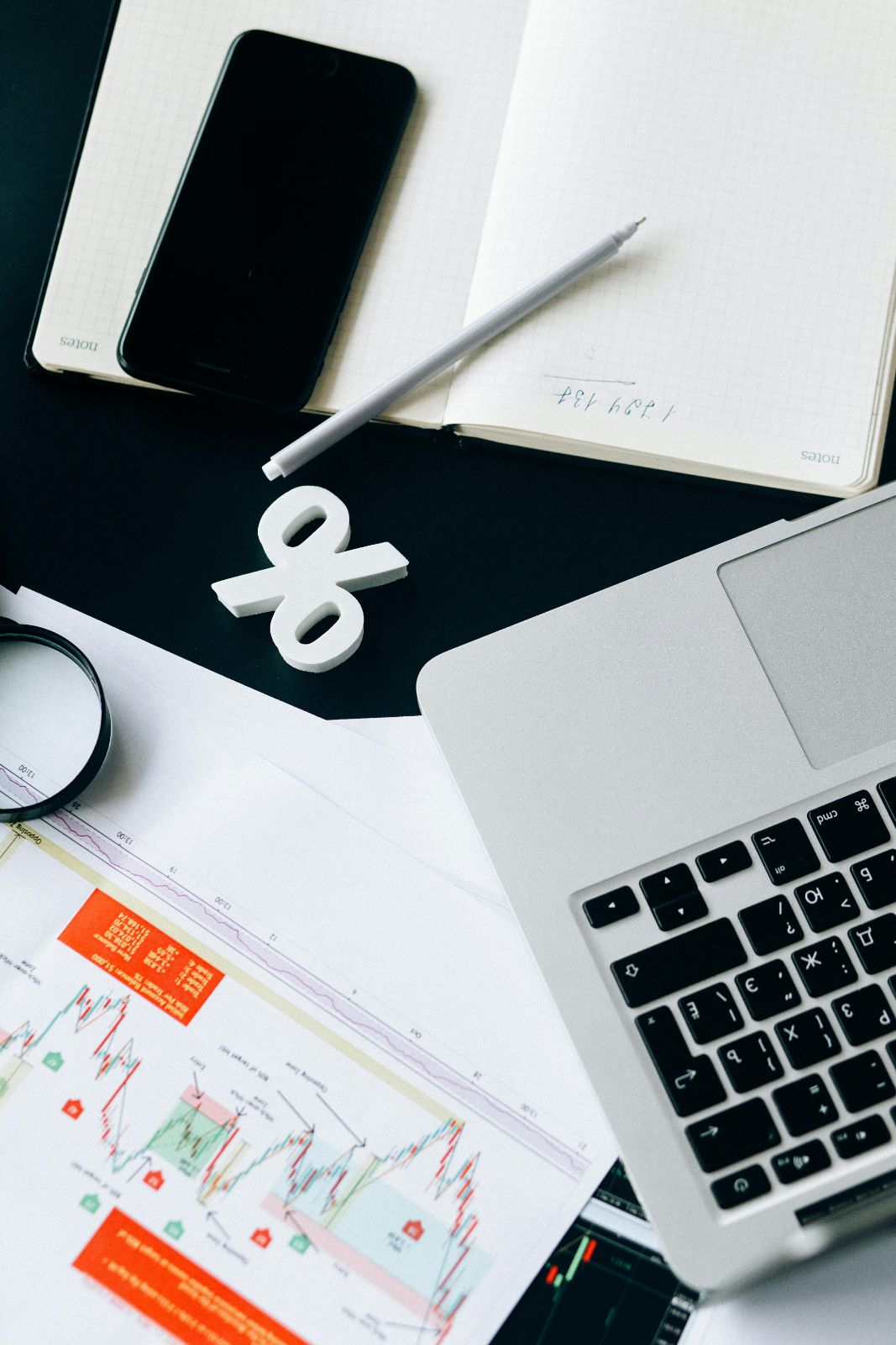 Financial analysis workspace with charts laptop